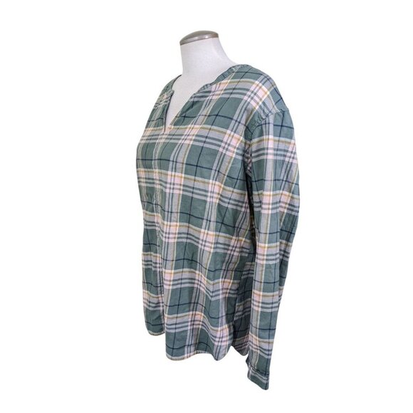 LL Bean Womens XL Whisperweight Flannel Popover Top Sage Green Plaid V Neck - Picture 3 of 6